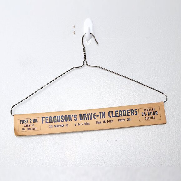 Vintage 60s FERGUSONS DRIVE IN CLEANERS Guelph ON Dry Cleaner Hanger Advertising - Picture 1 of 5